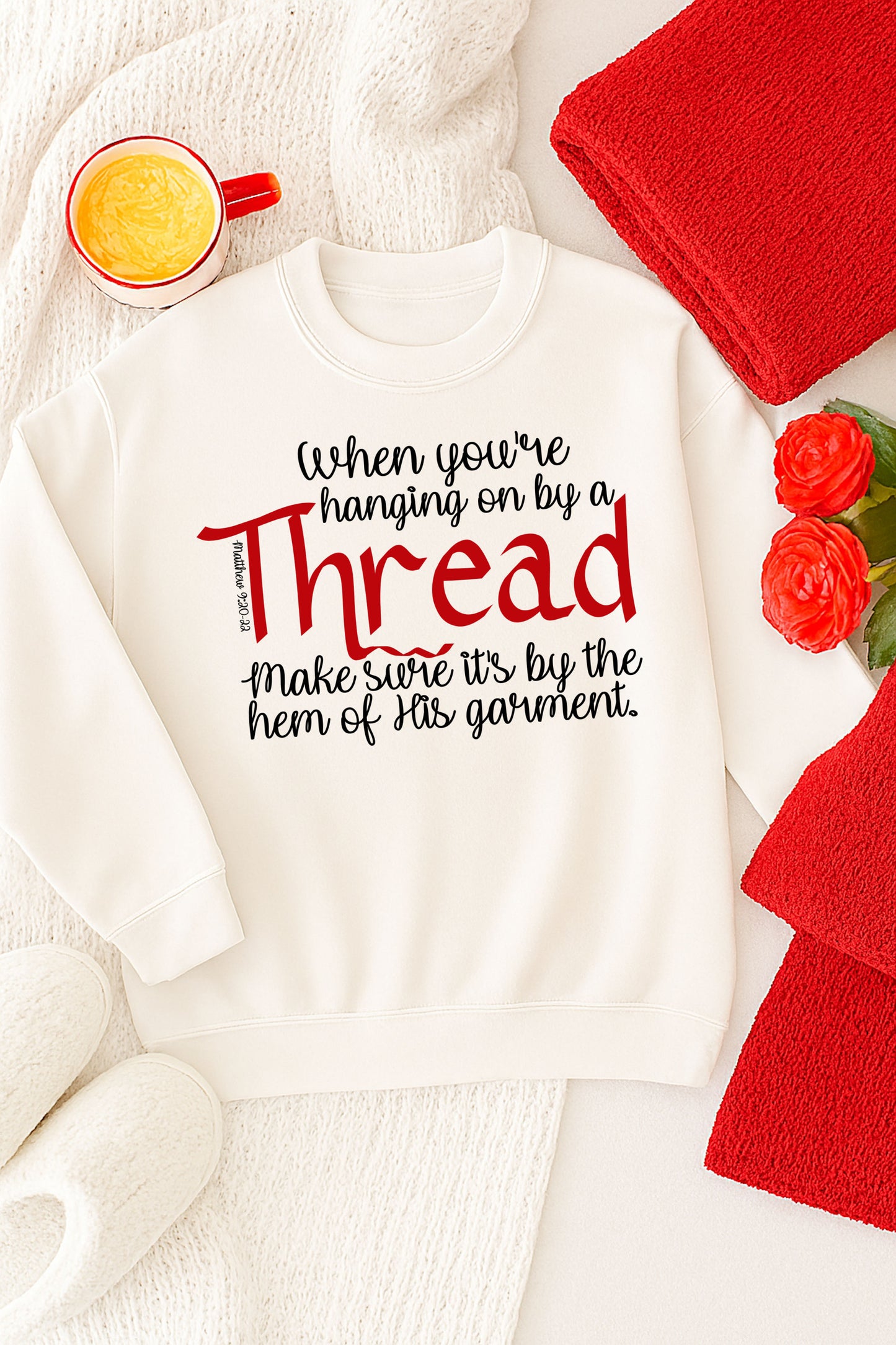 “Hanging On by a Thread” Christian Encouragement PNG – Red Script Faith Design